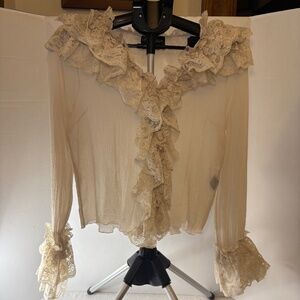 Christine Phillips Sheer Silk Ivory Lace/Ruffle Flared Sleeve Tunic Blouse Sz M